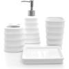 MyGift Ceramic White Bathroom Accessory Set with Ribbed Design, Includes Toothbrush Holder, Tumbler, Soap Dish and Dispenser