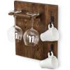 MyGift Dark Brown Burnt Wood Wall Mounted Wine Glass Holder Rack with Metal Coffee Mug Hooks