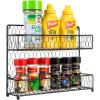 MyGift® Farmhouse Style Metal Wire Spice Rack – Wall Mount or Kitchen Countertop 2-Tier Seasoning Jar Storage Organizer, Black(Black)