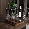 MyGift Industrial Metal Wine Glass Rack Holder Stand with 2 Hanger Bars and Rustic Wooden Base, Countertop Hanging Stemware Holder (Clear)(Dark Brown)