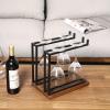 MyGift Industrial Metal Wine Glass Rack Holder Stand with 2 Hanger Bars and Rustic Wooden Base, Countertop Hanging Stemware Holder (Clear)(Dark Brown)
