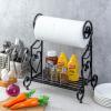 MyGift Metal Paper Towel Holder Stand with Shelf – Black Metal Freestanding Countertop Organizer for Kitchen, Scrollwork Design, Horizontal Storage for Spices, Napkins, and Condiments(Black (Slatted Base))