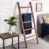 MyGift Rustic Brown Wood 4 ft Leaning Towel Ladder Rack for Bathroom Storage with 5 Hanging Rungs, Farmhouse Style Blanket and Quilt Display Ladder(Brown)