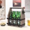 MyGift Rustic Solid Torched Wood 6 Slot Beverage Bottle Carrier Beer Caddy with Napkin Holder, Built-In Bottle Opener and Black Metal Side Accents