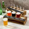 MyGift Rustic Solid Wood Sampler Tray Beer Flight Holder Serving Set with 4 Glasses and Erasable Chalkboard Label (Brown Solid Wood)(Burnt Wood-2)