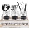 MyGift Solid Whitewashed Wood Kitchen Countertop Flatware Utensil Holder, Casual Dining Flatware Caddy with 3 Mason Jars and Chalkboard Labels