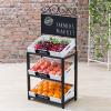MyGift Vintage Whitewashed Wood and Metal 3 Tiered Produce Stand with Chalkboard Sign and Decorative Scrollwork Design