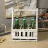 MyGift Whitewashed Wood Beer Caddy with Bottle Opener, Six Pack Beverage Holder with BEER in Cutout Style Lettering and Carrying Handle