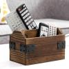 MyGift Whitewashed Wood Remote Control Holder Organizer with 4 Compartments, Media Storage Caddy with Cursive REMOTES Design(Burnt Wood)