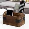 MyGift Whitewashed Wood Remote Control Holder Organizer with 4 Compartments, Media Storage Caddy with Cursive REMOTES Design(Burnt Wood)