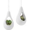 Set of 2 White Ceramic Hanging Teardrop Shaped Planters for Succulent Air Plants with Twine Rope