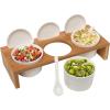 MyGift 10 Piece Condiment Pot Serving Set Includes Premium Solid Bamboo Wood Raised Display Server Tray and 3 Ceramic Ramekin Dip Bowls with Lids and Spoons(Bamboo)