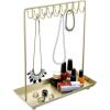 MyGift 14 Inch Brass Metal Jewelry Organizer Stand for Necklaces with 20 Hooks and Ring Tray(Brass)