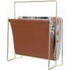 MyGift 15-Inch Modern Brown Leatherette & Brass Plated Metal Magazine Holder – Floor Standing Faux Leather Sling Style Newspaper Rack for Home, Bathroom, Office Decor(Brown)
