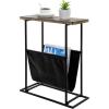 MyGift 21-Inch Modern Narrow Living Room End Table with Solid Burnt Wood Tabletop and Black Metal Frame, Bedroom Nightstand Side Table with Magazine Holder Sling(Torched Wood)