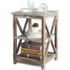 MyGift 24 Inch Tall End Table, Rustic Torched Solid Wood Living Room Accent Side Table with 3 Tier Display Shelf, Wooden X Design Bedroom Nightstand Square Storage Shelves
