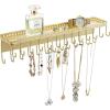 MyGift 3-Piece Wall Jewelry Organizer, Wall-Mounted Rustic Wood and Gold Tone Metal 24 Hook Necklace and Bracelet Storage Rack with Hanging Earring Bar(Satin Gold)