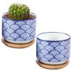 MyGift 3-inch Ceramic Small Indoor Plant Pot with Drainage and Bamboo Saucer, Succulent Planter Pots with White and Blue Japanese Wave Design, Set of 2
