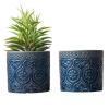 MyGift 4 Inch Cobalt Blue Ceramic Indoor Small Planter Vase, Succulent Plant Pot with Embossed Design and Solid Bottom, Set of 2(Blue)
