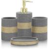 MyGift 4 Piece Modern Gray Bathroom Countertop Accessories Set with Rope Wrapped Design Includes Lotion or Liquid Soap Pump Dispenser, Toothbrush Holder, Tumbler and Soap Dish