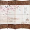 MyGift 4-Panel Asian Cherry Blossom Oil Cloth Painting Woven Privacy Screen Room Divider with Wood Frame