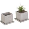 MyGift 5-Inch Square Light Gray Cement Plant Pot with Drainage, Small Flower Succulent Planters with Removable Saucer Trays, Set of 2(Light Gray)