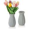 MyGift 7-inch Vintage Matte Gray Tulip Design Ribbed Ceramic Flower Vases, Set of 2