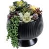 MyGift 8 Inch Round Modern Artificial Succulent Arrangement Potted in Gray Concrete Plant Bowl, Assorted Faux Mini Succulents in a Decorative Planter Pot(Green)