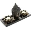 MyGift Black Buddha Head Sculpture Zen Garden Set with Lotus Tealight Candle Holders and Wooden Display Tray, Decorative Tabletop Home Accent(Black)