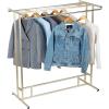 MyGift Black Stainless Steel Freestanding Garment Rack, Heavy Duty Double Rod Clothes Rack Clothing Hanger Stand with Storage Display Shelf(Brass)