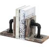 MyGift Book Ends,Bookends for Shelves,Metal Bookends for Heavy Books,Wood Decorative Book Stopper,with Realistic Industrial Pipe Design,Dark Brown Book End for Home Office(Torched Wood)