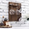 MyGift Dark Brown Burnt Wood Wall Mounted Wine Glass Holder Rack with Metal Coffee Mug Hooks