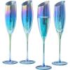 MyGift Iridescent Angled Rim Champagne Flute Set of 4, Sparkling Wine Stemless Glasses, Rainbow Transparent Prosecco Wine Glass, Cocktail Mimosa Glass Set, Holiday New Year Toasting (black)(Blue)