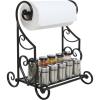 MyGift Metal Paper Towel Holder Stand with Shelf – Black Metal Freestanding Countertop Organizer for Kitchen, Scrollwork Design, Horizontal Storage for Spices, Napkins, and Condiments(Black (Slatted Base))