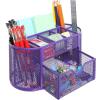 MyGift Metal Wire Mesh Desktop Supplies Organizer Caddy with 8 Compartments and Storage Drawer for Home Office School Dorm (Purple)(Purple)