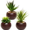 MyGift Mini Assorted Artificial Succulents in Round Black Ceramic Pots, Mixed Realistic Indoor House Plants, Set of 3(Brown)