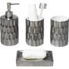MyGift Modern Metallic Silver Ceramic Bathroom Accessory Set with Embossed Design – Soap Dish, Tumbler Cup, Toothbrush Holders and Pump Dispenser
