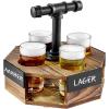 MyGift Solid Burnt Wood Serving Beer Whiskey Flight Set Tray with Industrial Black Metal Pipe Carrying Handle and 4 Small Snifter Style Tasting Beer Glasses, Set of 2(Burnt Solid Wood)