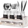 MyGift Solid Whitewashed Wood Kitchen Countertop Flatware Utensil Holder, Casual Dining Flatware Caddy with 3 Mason Jars and Chalkboard Labels
