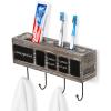 MyGift Wall Mounted Solid Torched Wood Bathroom Accessory Holder and Towel Hook Rack, Toothbrush Holder Shelf Rack with 4 Compartments, Chalkboard Labels and 4 Hooks(Torched Wood)