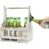 MyGift Whitewashed Wood Beer Caddy with Bottle Opener, Six Pack Beverage Holder with BEER in Cutout Style Lettering and Carrying Handle