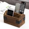MyGift Whitewashed Wood Remote Control Holder Organizer with 4 Compartments, Media Storage Caddy with Cursive REMOTES Design(Burnt Wood)
