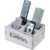 MyGift Whitewashed Wood Remote Control Holder Organizer with 4 Compartments, Media Storage Caddy with Cursive REMOTES Design(Whitewashed)