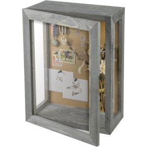 MyGift 11 x 15 Inch Wall Mounted Solid Wood Deep Shadow Box with Vintage Coal Black Finish and Cork Backing, Premium Clear Acrylic Viewing Panels, and Hinged Door Magnetic Closure(Grey)