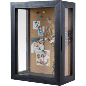 MyGift 11 x 15 Inch Wall Mounted Solid Wood Deep Shadow Box with Vintage Coal Black Finish and Cork Backing, Premium Clear Acrylic Viewing Panels, and Hinged Door Magnetic Closure(Black)