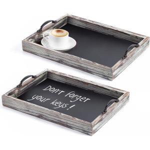 MyGift Vintage Brown Wood Large Decorative Serving Tray with Metal Handles and Chalkboard Surface, Nesting Coffee Table Breakfast Trays, 2-Piece Set