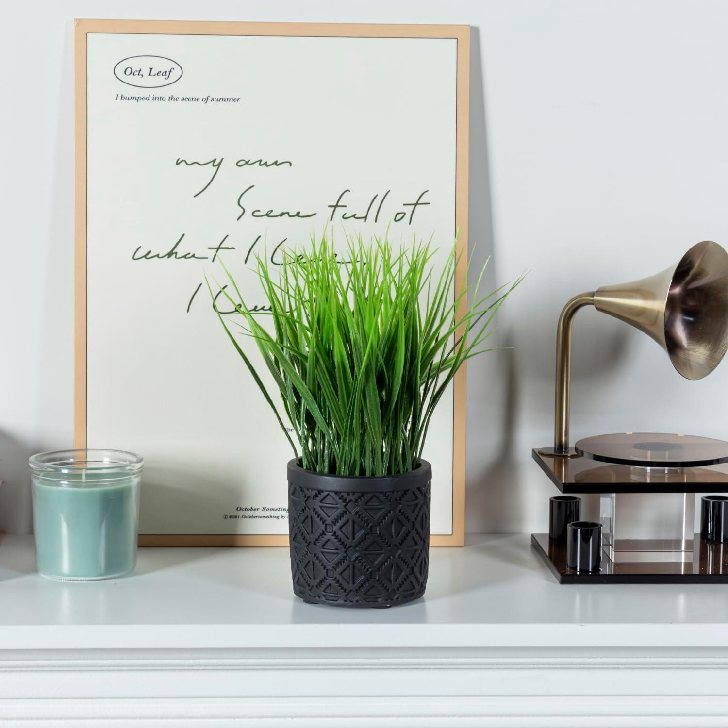 imageMyGift Artificial Eucalyptus Plant in Modern Gray Concrete Pots with Geometric Embossed Pattern 1 BlueBlack Geometric Embossed Pattern