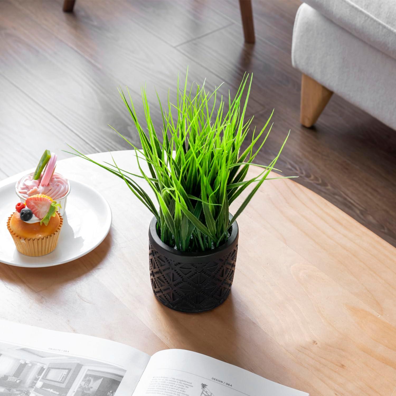 imageMyGift Artificial Eucalyptus Plant in Modern Gray Concrete Pots with Geometric Embossed Pattern 1 BlueBlack Geometric Embossed Pattern