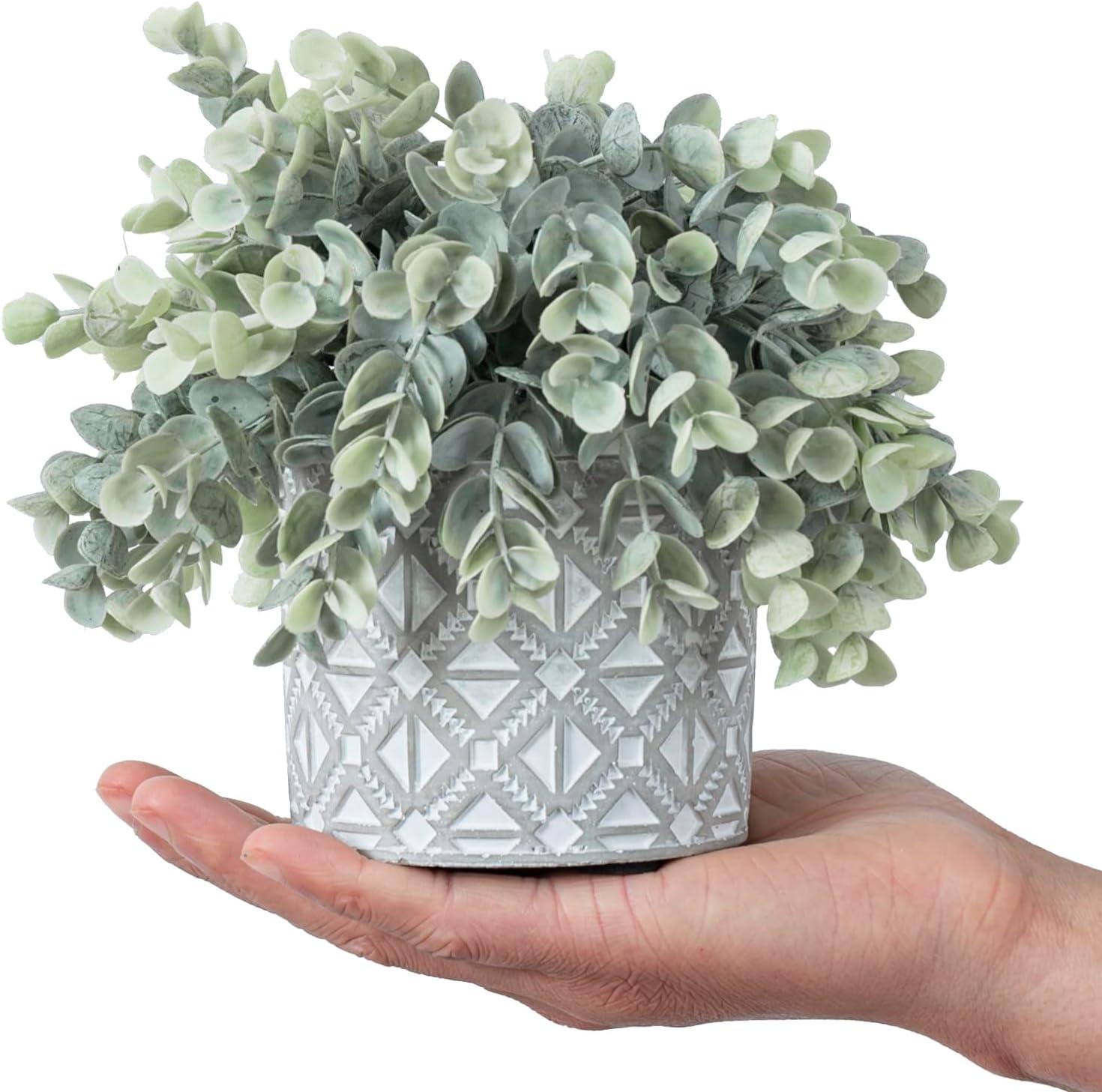 imageMyGift Artificial Eucalyptus Plant in Modern Gray Concrete Pots with Geometric Embossed Pattern 1 BlueGrey