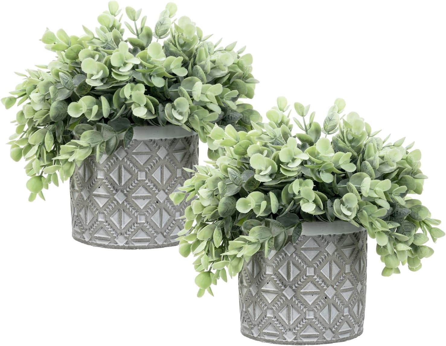 imageMyGift Artificial Eucalyptus Plant in Modern Gray Concrete Pots with Geometric Embossed Pattern 1 BlueGrey
